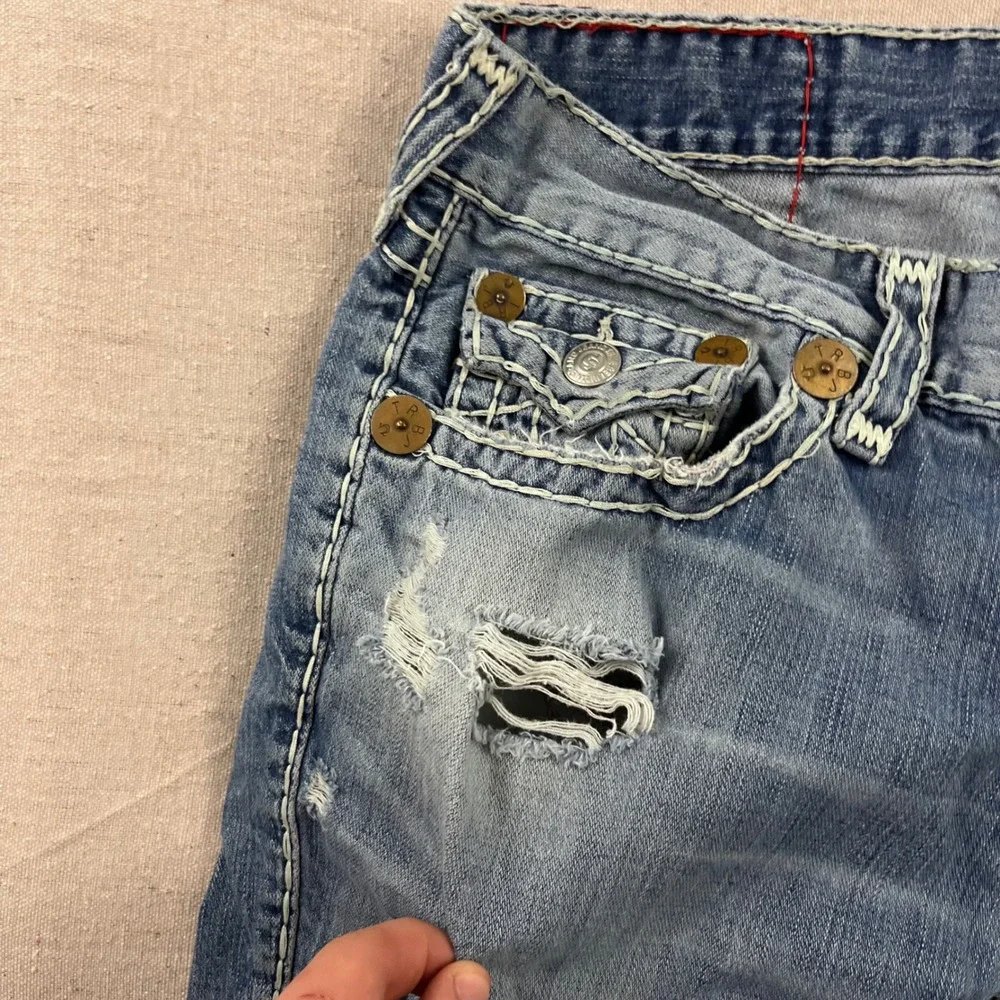 True Religion Joey‎ Super T Jeans Mens 36 Blue Distressed Flare Twisted Seam Low